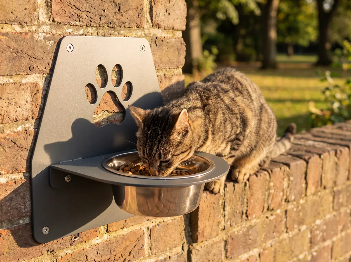 Un gato callejero comiendo croquetas del comedero empotrado en una pared de ladrillo