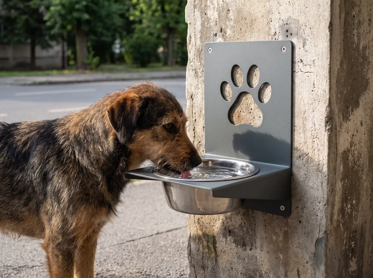 Un perro callejero bebiendo agua del comedero de pared